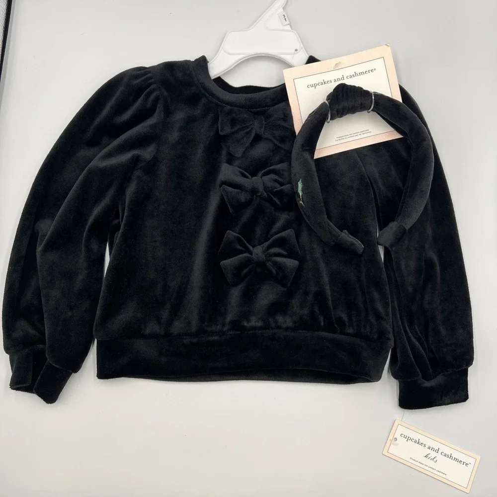 Cupcakes And Cashmere‎ Girls Black Velour Long Sleeve Shirt & Matching Hairband